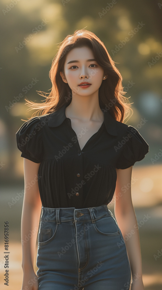 검정 블라우스와 청바지 입은 그녀 검정 블라우스와 청바지 입은 그녀