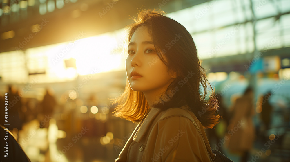 Portrait of a young Asian woman looking back with a hopeful expression in an airport terminal, bathed in the golden light of sunset. Portrait of a young Asian woman looking back with a hopeful expression in an airport terminal, bathed in the golden light of sunset.