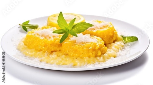 Risotto alla milanese with meat ragu. Saffron risotto with lamb meat isolated on white background