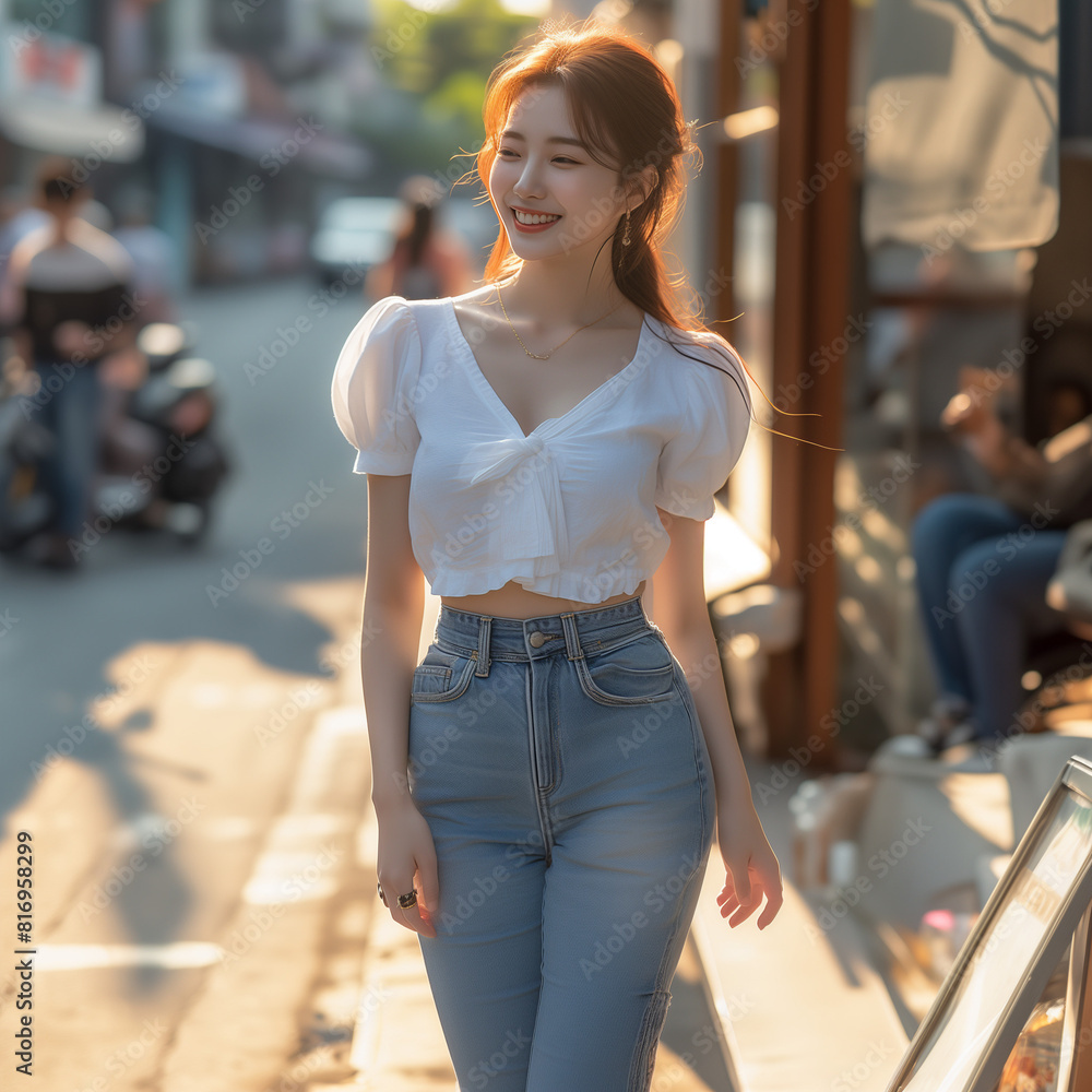 길을 걷는 청바지 입은 아름다운 여성 길을 걷는 청바지 입은 아름다운 여성