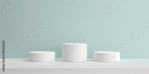 Abstract white background with three cylinder pedestal podiums for product presentation on light blue wall