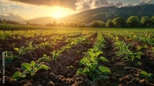 Young seedlings sprouting in spring fields under morning sun