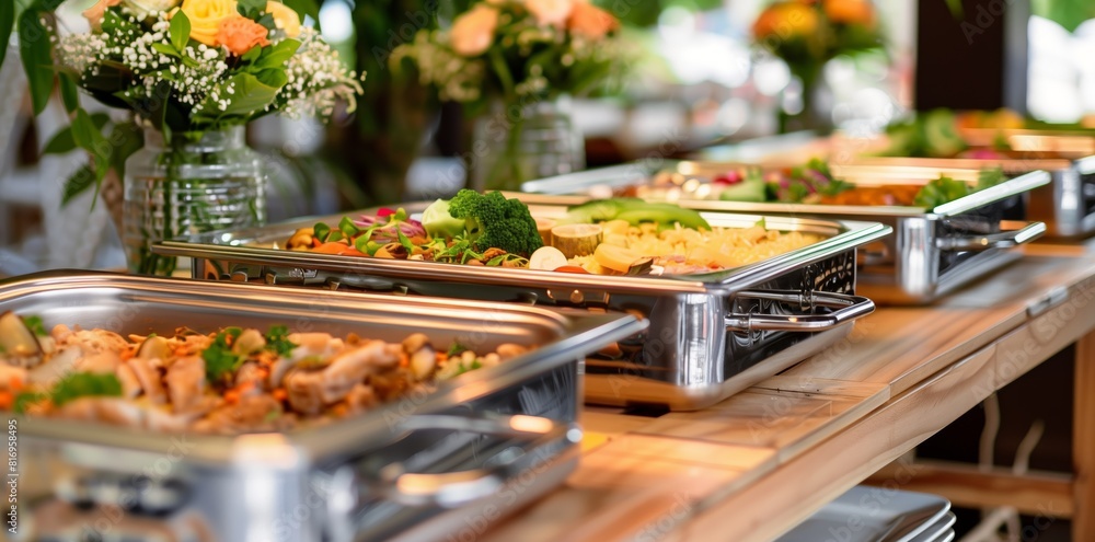 Catering at a wedding party or corporate event with chafing dishes filled with different dishes, including chicken and vegetables