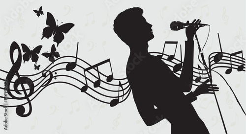 Male singer singing to microphone. Performer with musical notes isolated. 