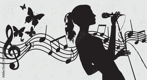 Female singer singing to microphone. Performer with musical notes isolated. 