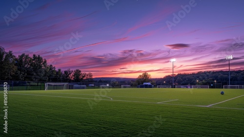 Soccer field at sunset with pink and purple clouds