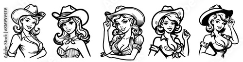 country cowgirl retro pinup girl, black vector transparent, pin-up woman nocolor silhouette sketch vintage illustration, comic character shape for laser cutting engraving print