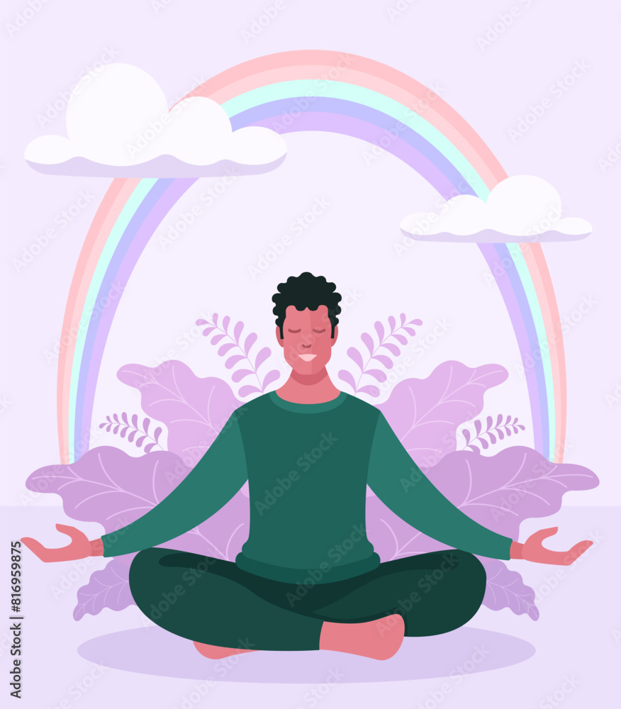 A man sits in the lotus position, does yoga and meditates. Joyful, happy man against a background of rainbows and flowers. The concept of solving psychological problems, spiritual development. A man sits in the lotus position, does yoga and meditates. Joyful, happy man against a background of rainbows and flowers. The concept of solving psychological problems, spiritual development.
