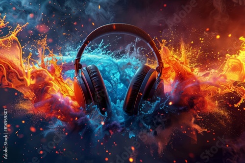 Headphones bursting into a vibrant splash of colors, symbolizing the explosive impact of music Festive, digital art © watanu