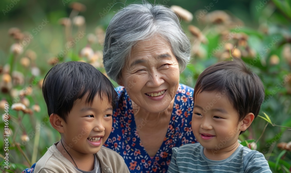 an elderly Asian woman smiling warmly while two young Asian children, likely her grandchildren, stand close to her outdoors among some plants or flowers. an elderly Asian woman smiling warmly while two young Asian children, likely her grandchildren, stand close to her outdoors among some plants or flowers.