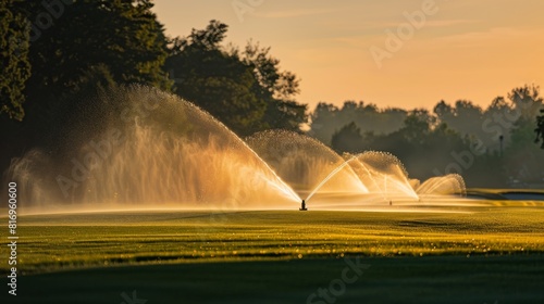 Sprinklers watering a green grass field at sunrise