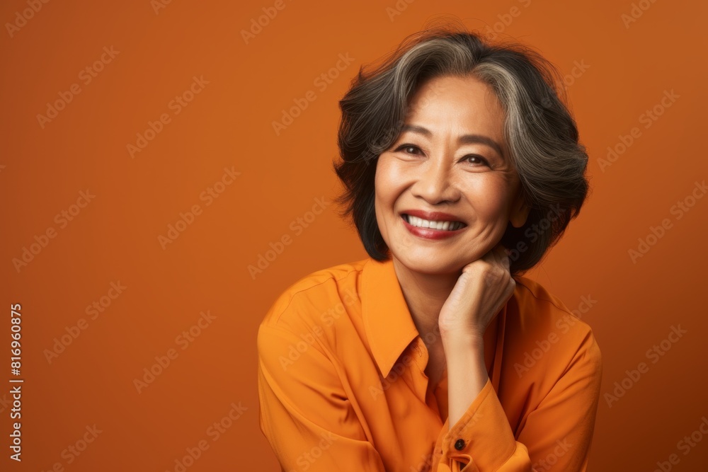 Portrait of a grinning asian woman in her 60s with arms crossed on soft orange background Portrait of a grinning asian woman in her 60s with arms crossed on soft orange background