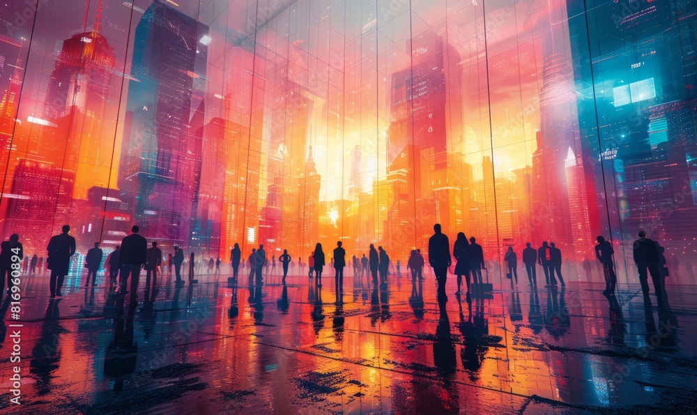 a crowded city street at night with silhouettes of people walking against a vibrant, colorful background of illuminated buildings and lights a crowded city street at night with silhouettes of people walking against a vibrant, colorful background of illuminated buildings and lights
