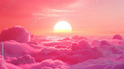 A serene scene of a sunset over a sea of fluffy pink clouds  illuminating the sky with warm pastel hues  creating a dreamy  tranquil atmosphere.