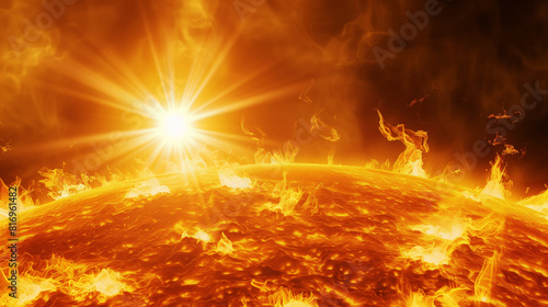 A close-up view of the sun s surface  showcasing bright flames and intense heat with a radiant solar flare against a background of fiery orange and yellow hues.