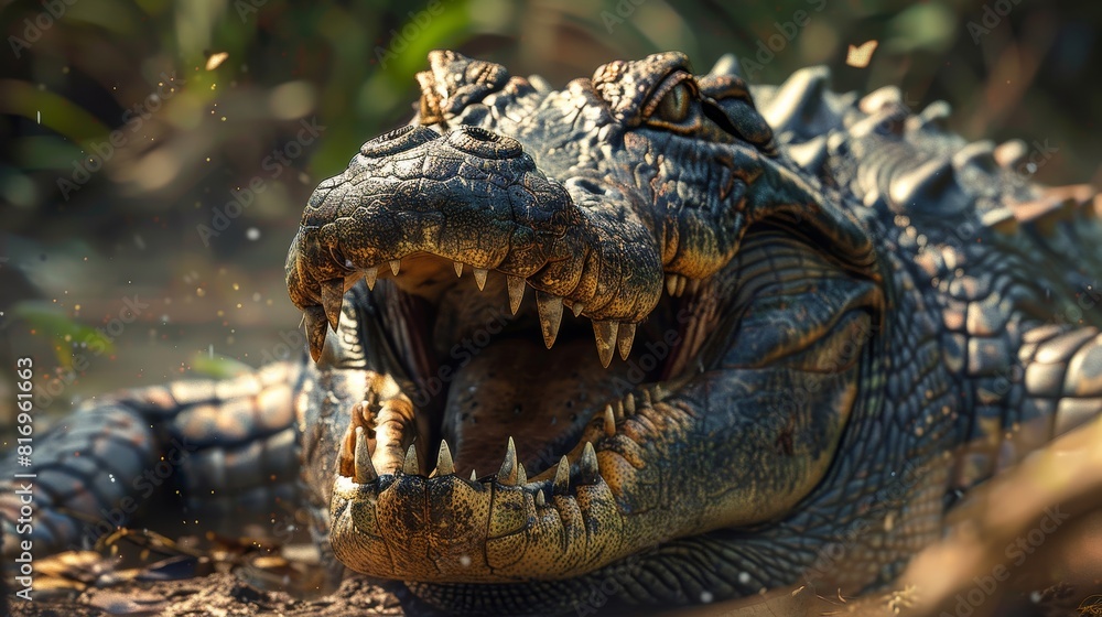 Obraz premium American alligator with open mouth showing sharp white teeth and pink gums.