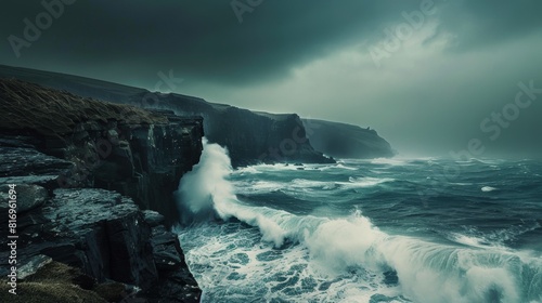 Stormy sea crashing against a cliff