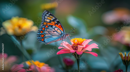 Close-up of a butterfly on a colorful flower.