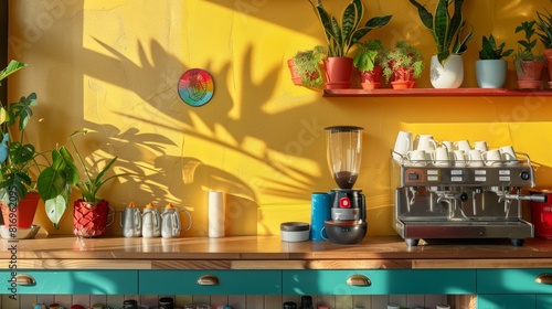 Charming Cafecore Coffee Station Setup with Ample Copy Space, Sunlit Wall, Plants, and Books Creating a Cozy Atmosphere