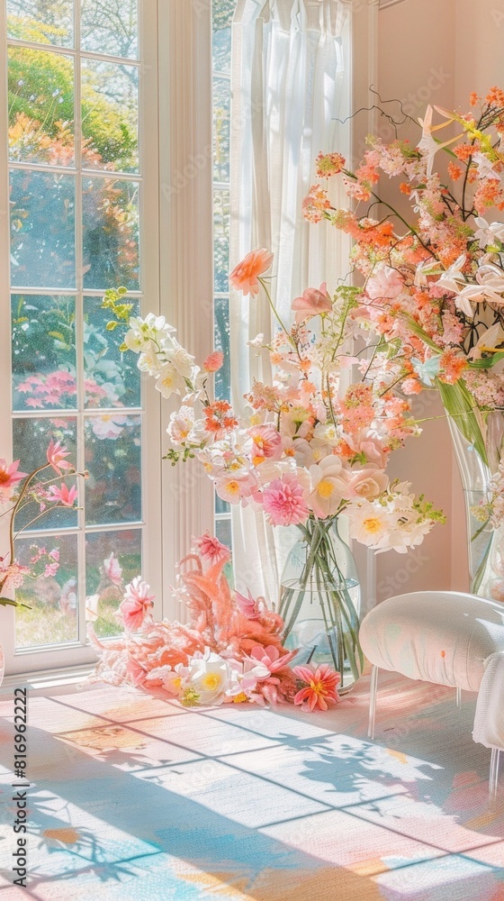 Springtime Bliss in a Sunlit Room with Floral Decor and Pastel Accents, Creating a Cheerful Atmosphere