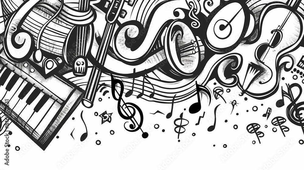 Obraz premium Abstract Classical music hand drawn doodle banner cartoon vector image