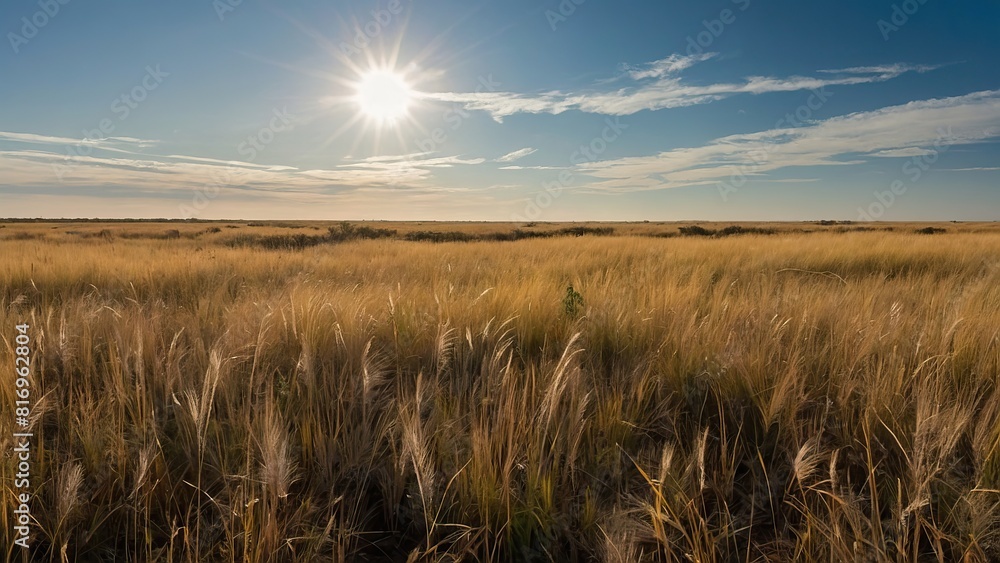 Fototapeta premium Golden savannah stretches under a sunny sky with scattered clouds