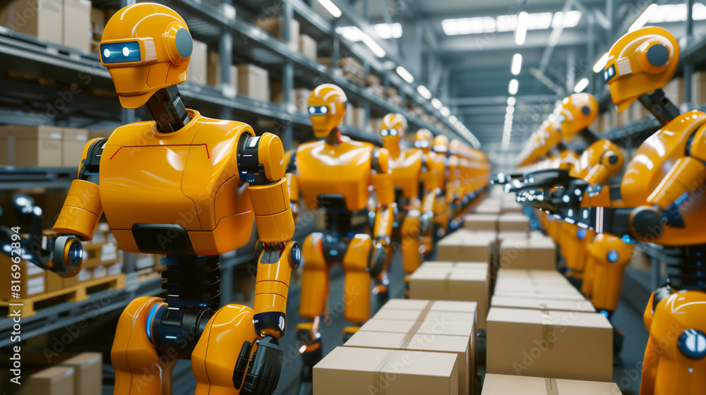 A futuristic warehouse with rows of orange robots handling and organizing packages on shelves, showcasing advanced automation and robotics in logistics. A futuristic warehouse with rows of orange robots handling and organizing packages on shelves, showcasing advanced automation and robotics in logistics.