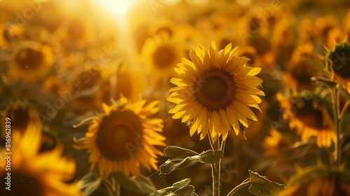 Sunflower field in the golden light of sunset for summer themed design