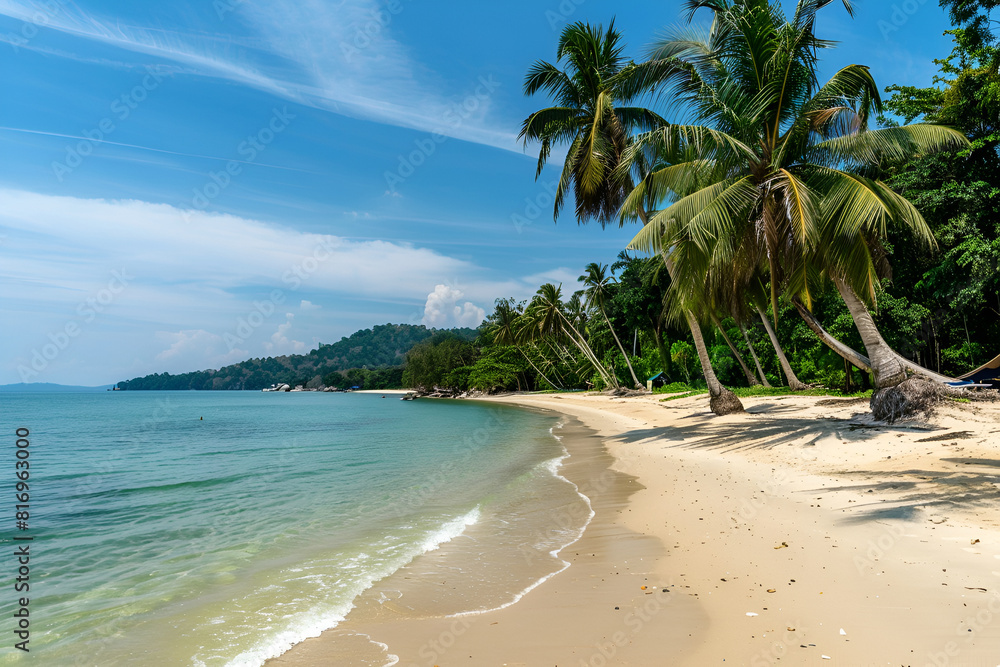 Sunny Beach in Thailand. Palm trees, sand, sea. Landscape view from the shore.