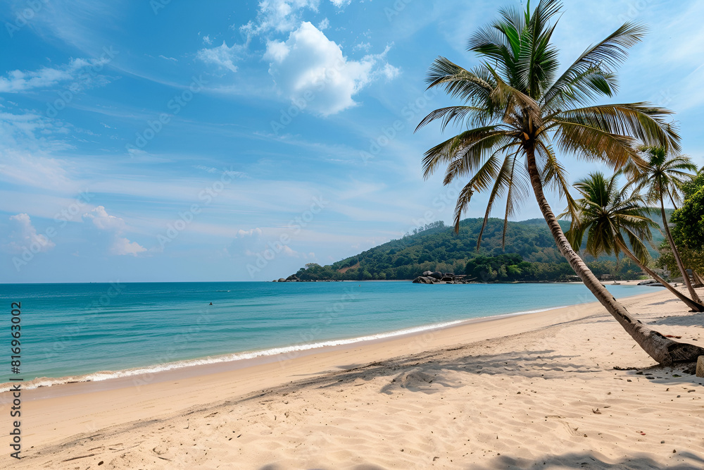 Sunny Beach in Thailand. Palm trees, sand, sea. Landscape view from the shore. Sunny Beach in Thailand. Palm trees, sand, sea. Landscape view from the shore.