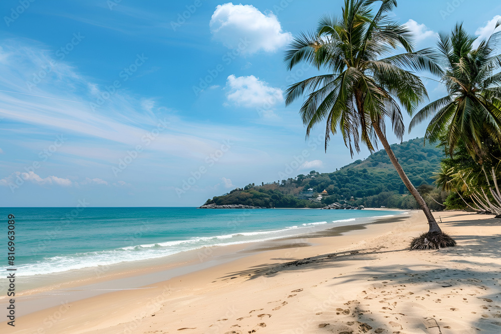 Sunny Beach in Thailand. Palm trees, sand, sea. Landscape view from the shore. Sunny Beach in Thailand. Palm trees, sand, sea. Landscape view from the shore.
