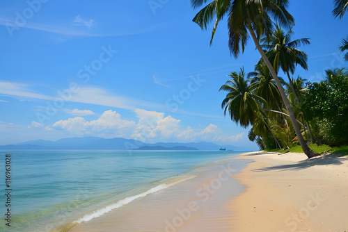 Sunny Beach in Thailand. Palm trees  sand  sea. Landscape view from the shore.