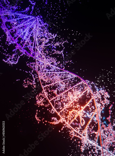 Chromosome spiral strand of DNA helix with blue neon light particles.3D illustration