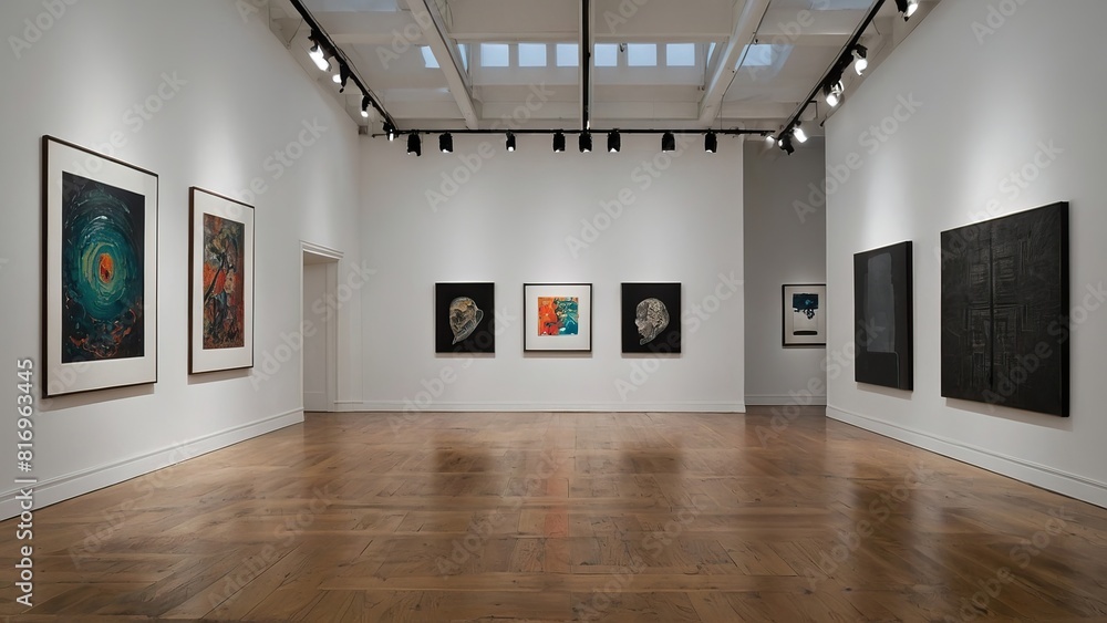 Modern gallery space with white walls, hardwood floors, and framed artworks on display Modern gallery space with white walls, hardwood floors, and framed artworks on display