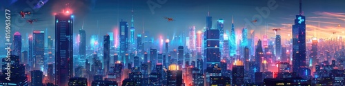 Futuristic Neon Illuminated Mega City Skyline with Drone Delivery Services at Dusk