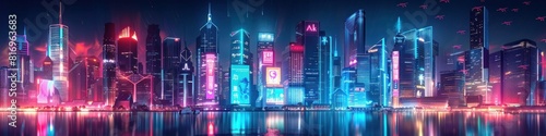 Futuristic Neon Illuminated Mega City Skyline with Drone Delivery during Twilight