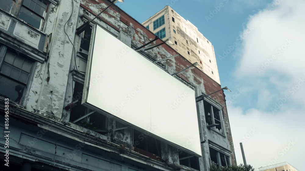 Large blank billboard attached to an old, weathered building with peeling paint and broken windows, against a backdrop of a clear blue sky. Large blank billboard attached to an old, weathered building with peeling paint and broken windows, against a backdrop of a clear blue sky.