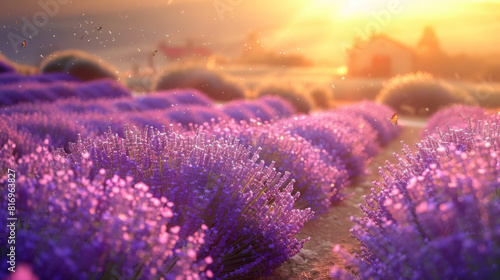 Rows upon rows of vibrant purple lavender stretch out as far as the eye can see  swaying gently in the evening breeze. The setting sun casts a warm  golden glow over the fields  creating a dreamlike