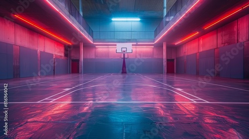 Futuristic minimalist indoor basketball court at night with blue led lighting