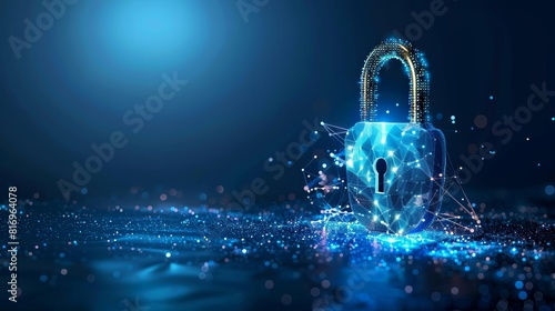 Sleek digital padlock securing a virtual gateway, set against a cyberthemed dark blue backdrop Conceptual, digital art