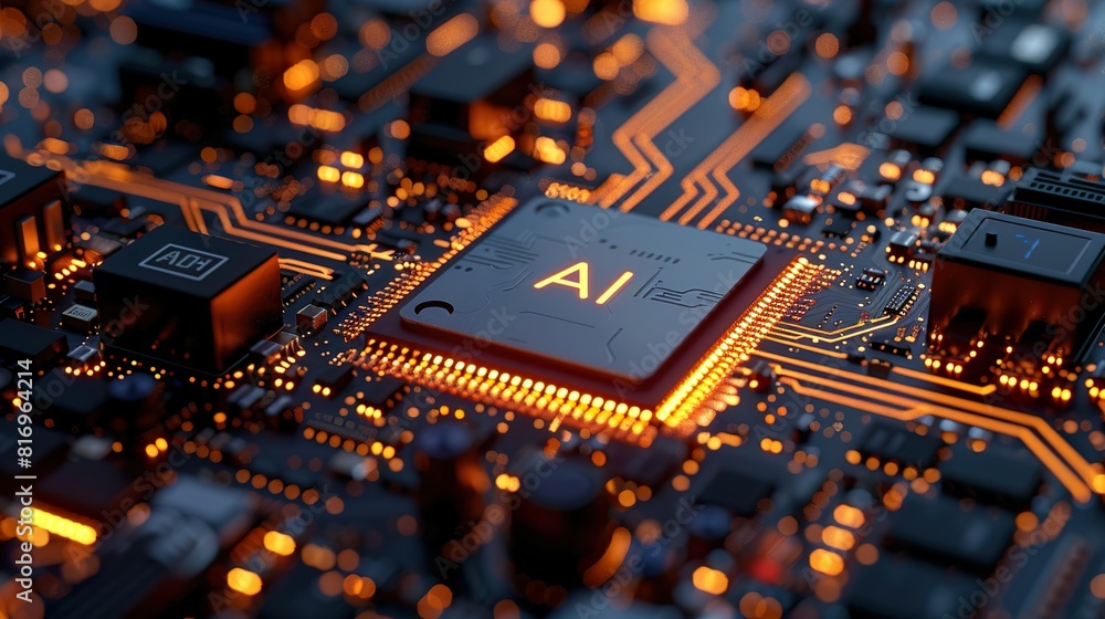 Close-up view of a cutting-edge AI microchip in the center of a computer motherboard with intricate circuits and vibrant orange lighting Close-up view of a cutting-edge AI microchip in the center of a computer motherboard with intricate circuits and vibrant orange lighting