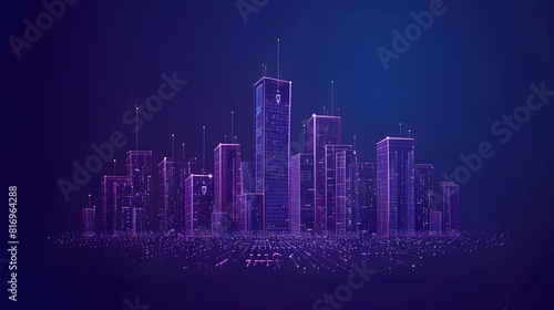 Illustration of a modern futuristic smart city concept with abstract bright lights against a blue background. Showcases cityscape urban architecture  emphasizing a futuristic technology city concept.