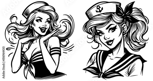 sailor pinup girl  beauty pin-up woman retro style black and white vector with transparent background  monochrome illustration  decorative shape sketch for laser cutting engraving print