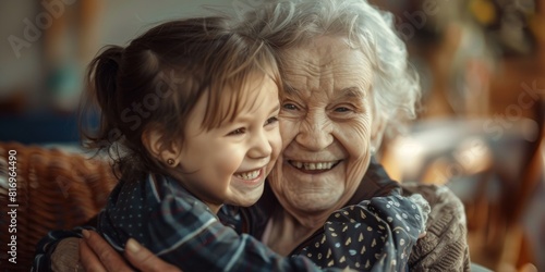 Capture the heartwarming moment of a young child visiting an elderly relative in a nursing home