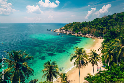 Sandy beach in Thailand. Palm trees  sea  sand. Bird s eye view.