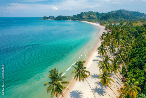 Sandy beach in Thailand. Palm trees  sea  sand. Bird s eye view.