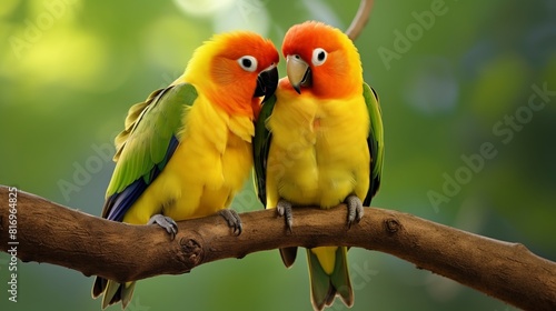 Two parrots are sitting on a branch, one of which is yellow © GenBy