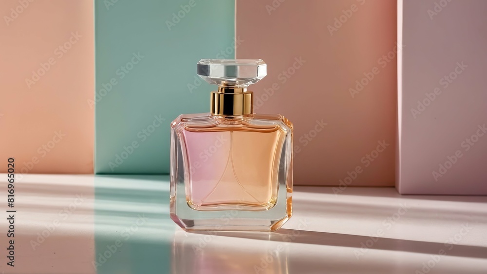 A sleek glass perfume bottle set against a pastel backdrop conveying luxury and elegance. A sleek glass perfume bottle set against a pastel backdrop conveying luxury and elegance.