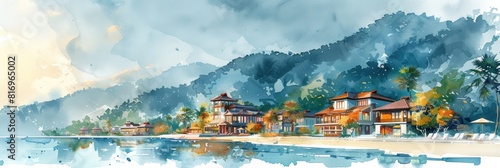 Tranquil Asian village watercolor painting