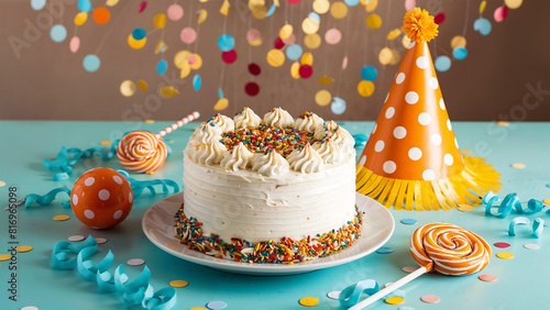 A White Icing Birthday Cake Surrounded by Festive and Cheerful Decorations With Orange and Turquoise Blue Hues.